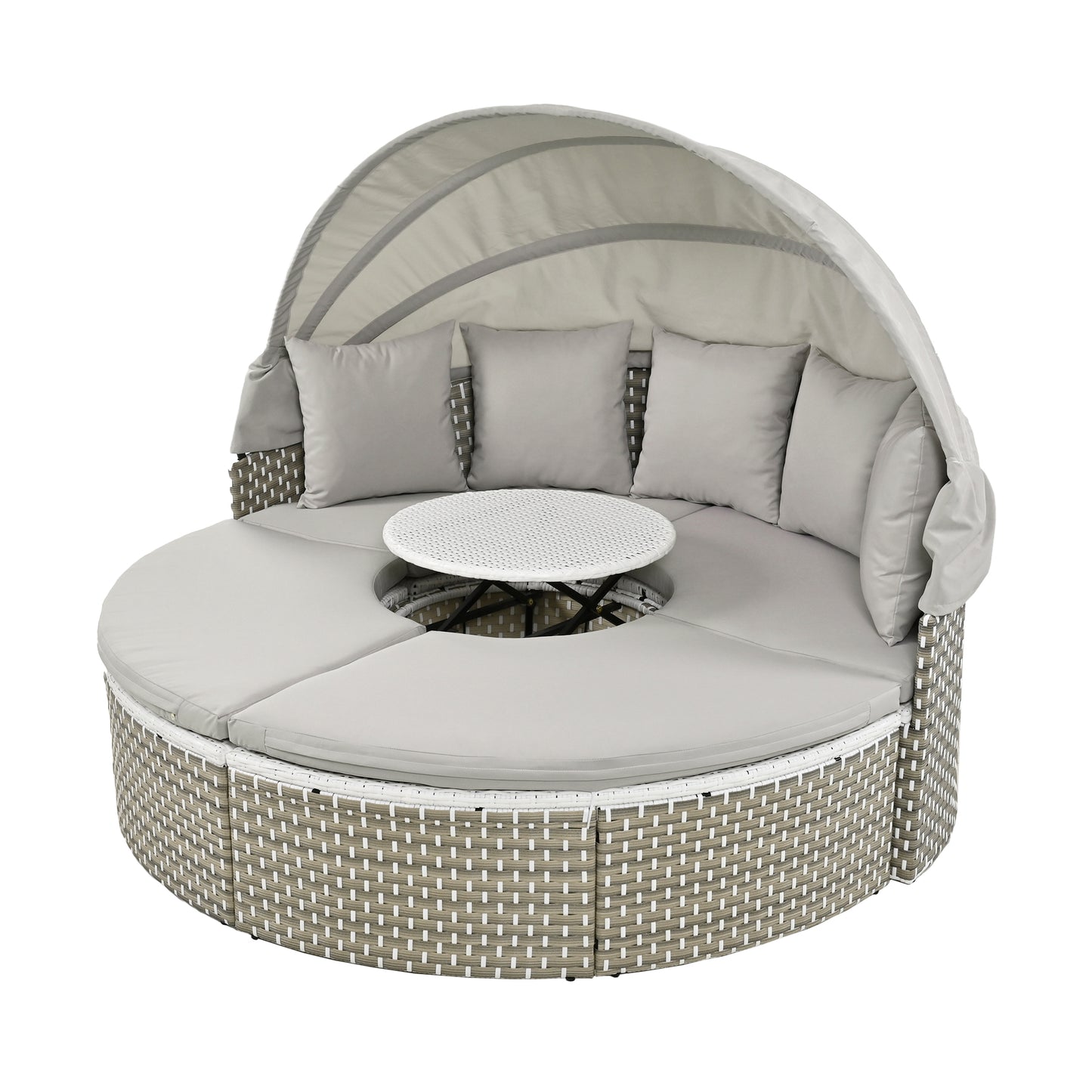 Gray cushions and two-tone wicker detail on the Céleste patio set
