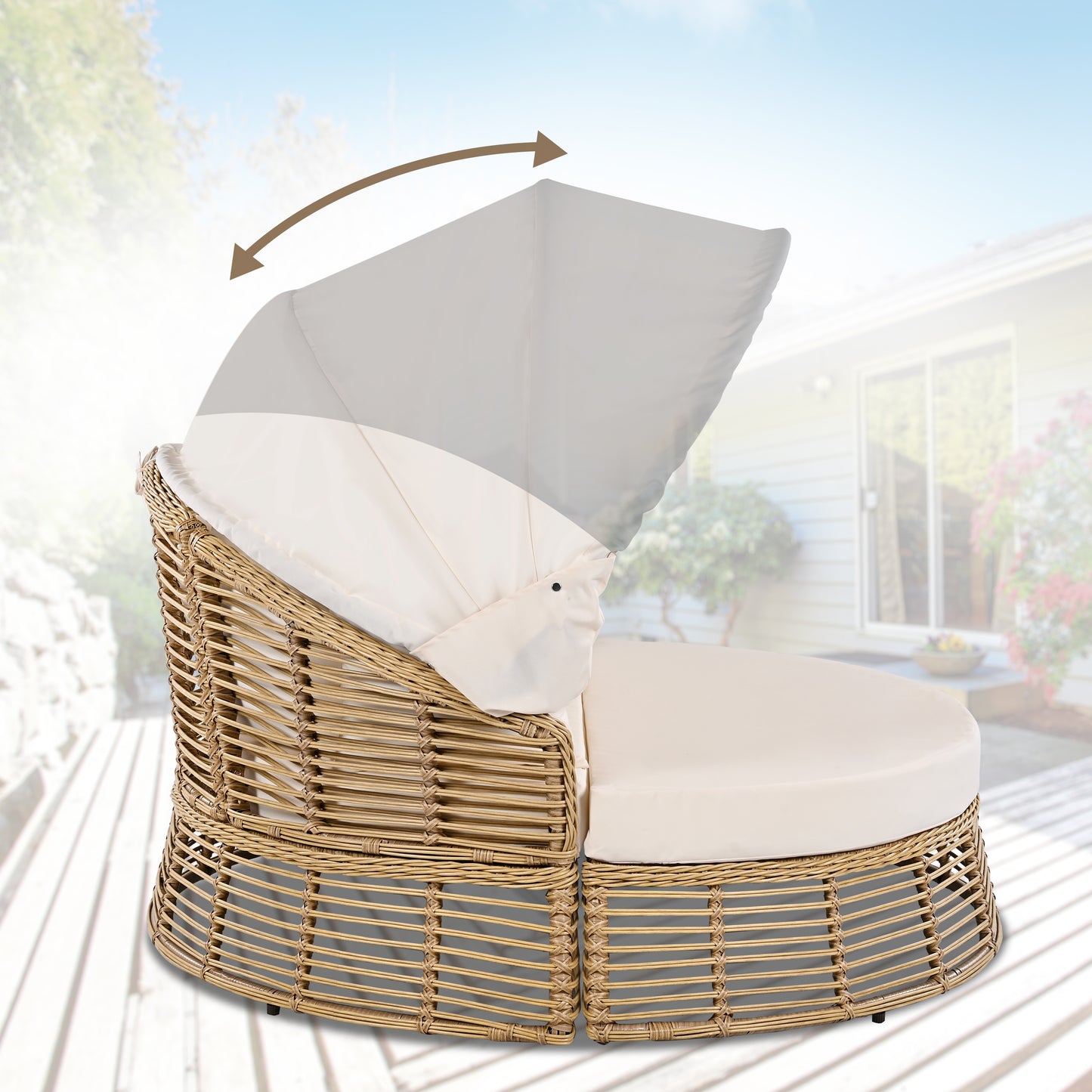 Beige upholstery and PE wicker detail on the Élanor outdoor daybed