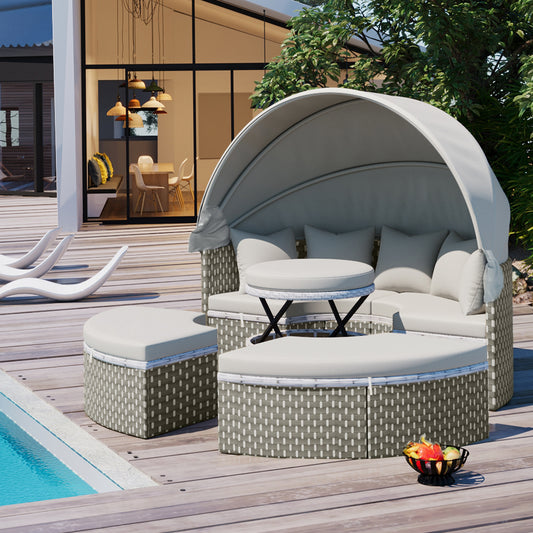 Céleste gray round wicker patio daybed arranged as a full circular lounge