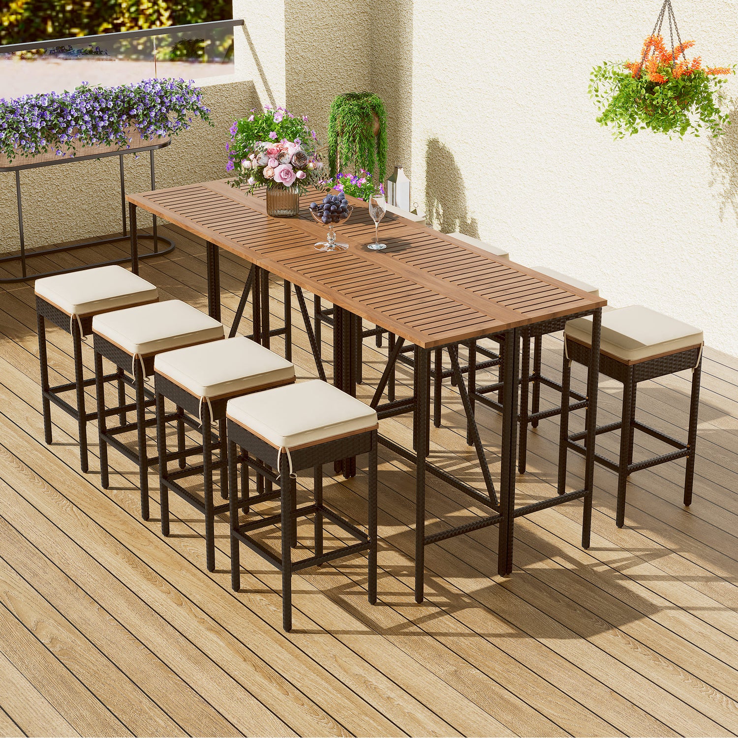 Ensemble bar extérieur Valmont 10 pièces en acacia avec huit tabourets