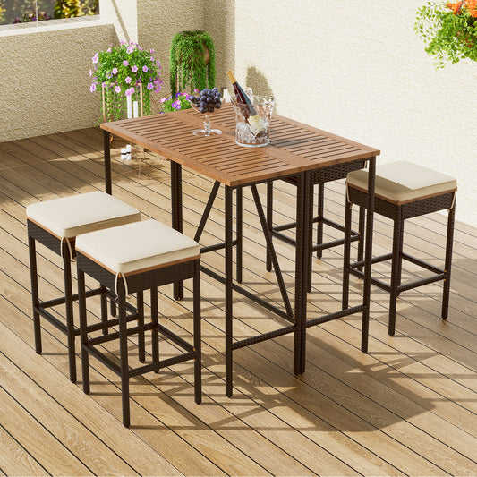 Aveline five-piece acacia wood outdoor bar set with four stools