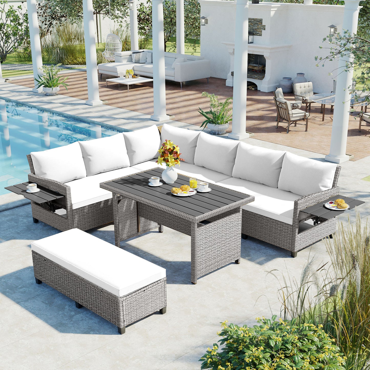 Lumière white five-piece wicker patio sectional dining set