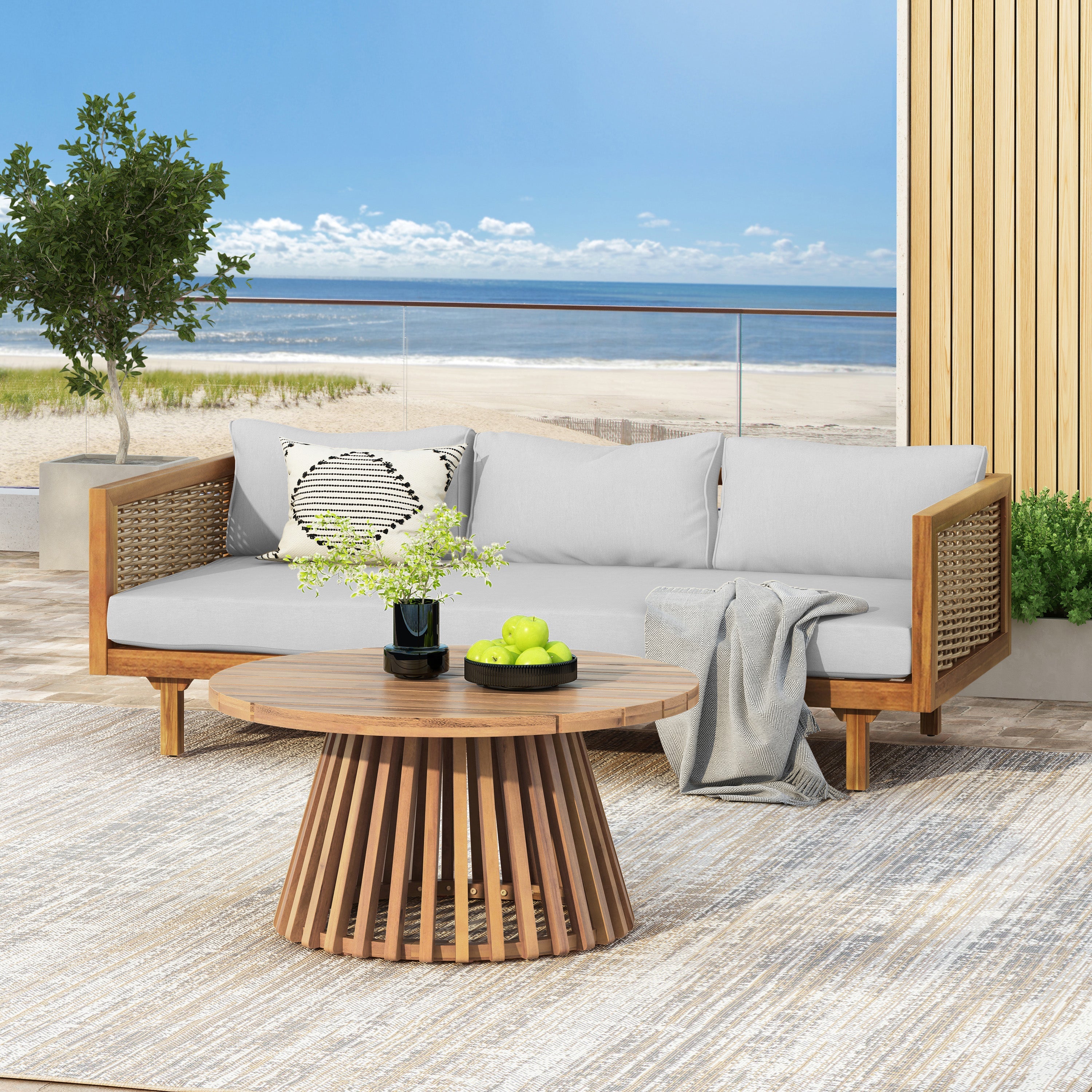 Lit de repos extérieur Serein en acacia finition teck avec table basse carrée