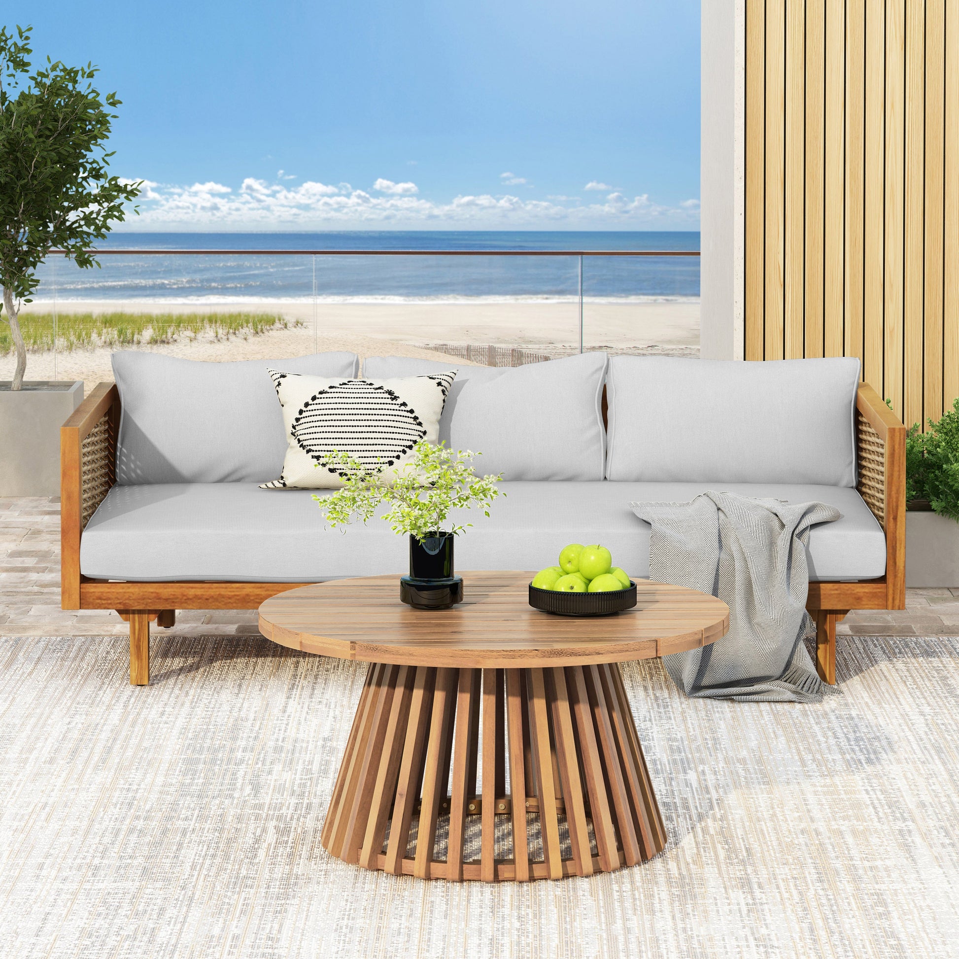 Lit de repos Serein trois places en acacia avec table assortie